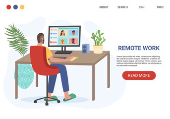 Man sitting in front of computer and working from home. Freelance work and convenient workplace vector concept. Man talking with friends via social media. Distance work, online study, education.