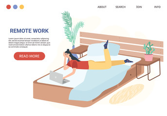 Woman laying in bed with laptop computer and working from home. Freelance work and convenient workplace vector concept. Bedroom interior. Distance work, online study, education, remote work banner.