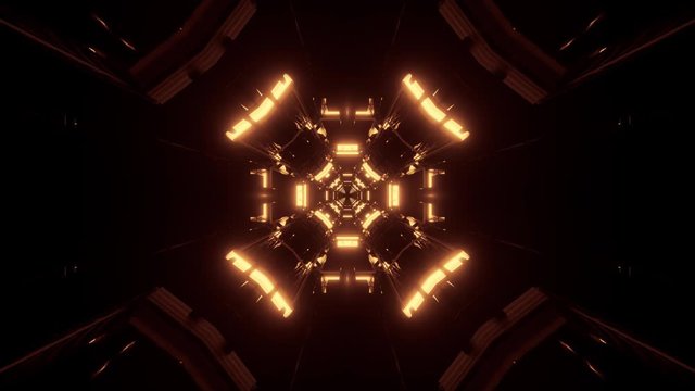 Motion graphics: golden lights in tunnel toward silhouette cross in center of black and dark universe