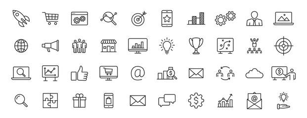 Fototapeta na wymiar Set of 40 Digital Marketing web icons in line style. Social, networks, feedback, communication, marketing, ecommerce. Vector illustration.