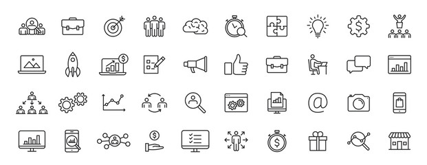 Fototapeta na wymiar Set of 40 Management web icons in line style. Media, teamwork, business, planning, strategy, marketing. Vector illustration.
