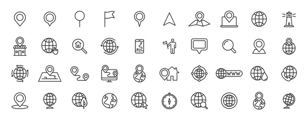 Set of 40 Navigation and location, map, globe web icons in line style. GPS, compass, global, marker, map, pointer. Vector illustration.