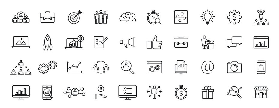 Set of 40 Management web icons in line style. Media, teamwork, business, planning, strategy, marketing. Vector illustration.