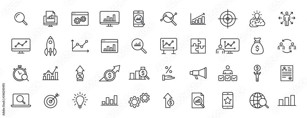 Poster set of 40 data analysis web icons in line style. graphs, analysis, big data, growth, chart, research