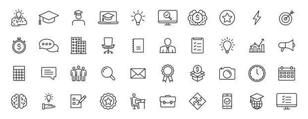 Set of 40 Education and Learning web icons in line style. School, university, textbook, learning. Vector illustration.