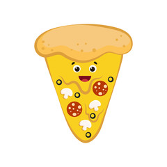 Cute smiling funny Pizza slice . Cartoon colorful design. Good for menu design. Vector illustration, isolated on white background.