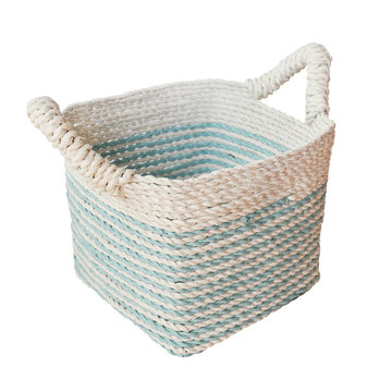 woven basket isolated on white. Details of boho style eco design interior