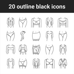 Lingerie black line icons set. Category of women's clothing including at least undergarments, sleepwear and lightweight robes. Pictogram for web page, mobile app, promo. Editable stroke.