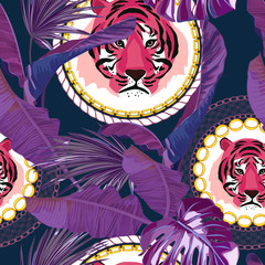 Chain seamless pattern with tropical leaves and tigers. Modern trend. Gold stripes. Vector illustration