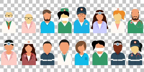 Doctors of different ages and races. Different doctors icons set. Nurse, ENT, pediatrician. Family doctor. Vector illustration