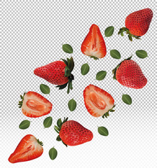 Set of strawberries with leaves on transparent background. Strawberry fruits are whole and cut in half. Useful ripe fresh strawberries rich in vitamins, natural product. Realistic vector illustration