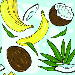 Seamless vector pattern with coconut, bananas and branch with leaves on blue background. Wallpaper, fabric and textile design. Good for printing. Cute wrapping paper pattern with fruits.