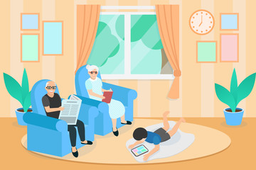 grandfather and grandmother are sitting on a sofa in living room, A boy reading and playing tablet lying down, Grandfather reading the newspaper, Grandma reading a book, stay at home.