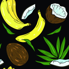 Seamless vector pattern with bananas, coconut and tropical leaf on black background. Wallpaper, fabric and textile design. Cute wrapping paper pattern with tropical fruits. Good for printing.