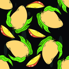 Seamless vector pattern with lowest delicious mango on black background. Wallpaper, fabric and textile design. Cute wrapping paper pattern with exotic fruits. Good for printing.