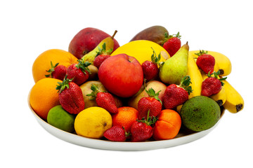 Wooden plate of fruits (apple, pear, melon, mango, mandarin, banana, strawberry) on a white background, isolated