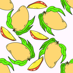 Seamless vector pattern with lowest delicious mango on white background. Wallpaper, fabric and textile design. Cute wrapping paper pattern with exotic fruits. Good for printing.