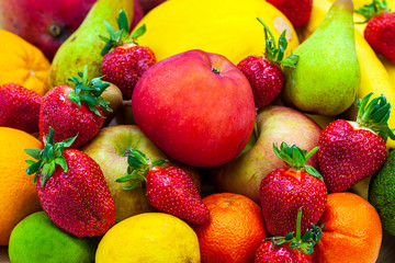 fruit background (apple, pear, melon, mango, mandarin, bananas, strawberries)