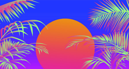Fototapeta na wymiar Tropical summer sunset landscape with coconut palm trees or ferns. Lounge atmosphere on vacations.Vaporwave and retrowave style illustration for print or cover.