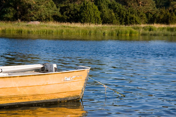 Gelbes Boot am See mit Wald im Hintergrund