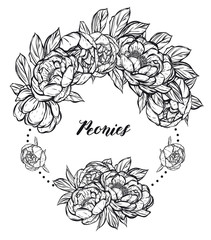 Vector illustration.Flower decoration of peonies. prints on T-shirts. background white,card for you.Handmade,wreath