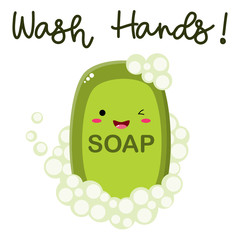 Green kawaii soap with Wash Hands! title