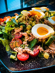 decorated healthy good looking tuna salad with eggs, tomatoes and cucumbers on an elegant black plate