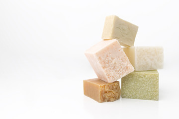 Natural bars of soap. Organic handmade soap on a white background. Skin care.