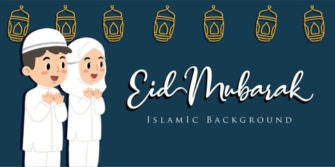 Cute Islamic cartoon design illustration concept for happy Eid Mubarak or Ramadan or Eid Al Adha greeting with people character background premium vector