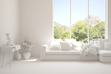 White living room with sofa and summer landscape in window. Scandinavian interior design. 3D illustration