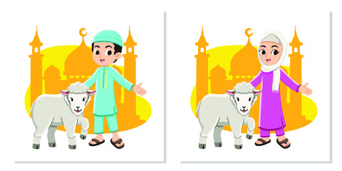 Happy muslim boy and girl with Eid Al-Adha sheep Premium Vector