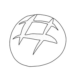 Round bread with incisions-drawn in the style of Doodle.Outline drawing by hand.Black and white image of baking.Monochrome design.Coloring.Vector image.