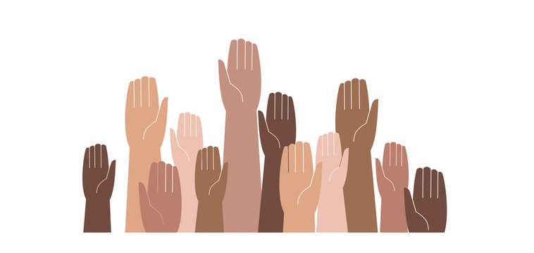 Hands Of Different Skin Colors Raised Up. Vector Illustration