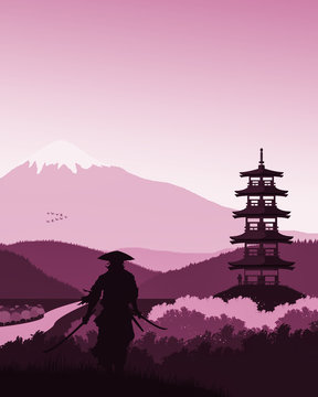 2D Japonia - kraj kwitnącej wiśni. Dw&oacute;ch samuraj&oacute;w szykujących się do walki