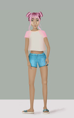  teenager girl with pink hair and jeans short full body with copy space