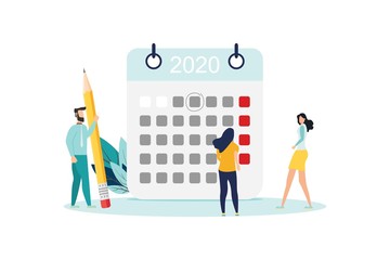 vector illustration. little people characters make an online schedule in the tablet. design business graphics tasks scheduling on a week - Vector - Vector