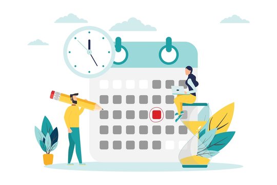 Vector Illustration. Little People Characters Make An Online Schedule In The Tablet. Design Business Graphics Tasks Scheduling On A Week - Vector - Vector