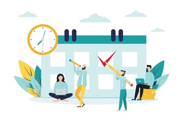 vector illustration. little people characters make an online schedule in the tablet. design business graphics tasks scheduling on a week - Vector - Vector