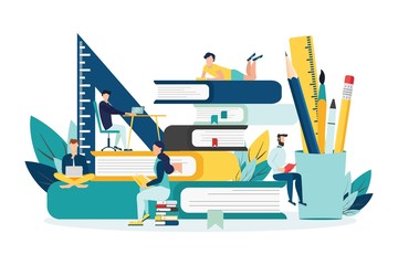 Education vector. people learn, gain knowledge by reading books and the Internet. online students composition design.