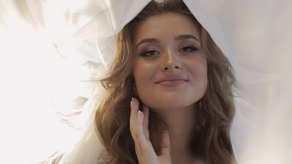 Lovely portrait of bride in veil. Face close-up. Pretty gorgeous woman. Wedding