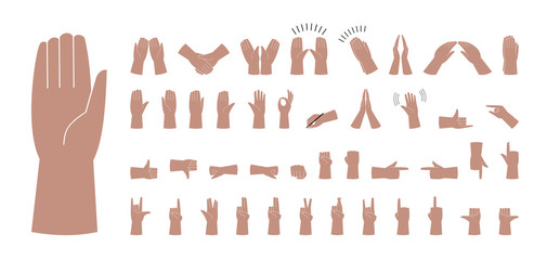 Set of hands with different gestures, color vector illustration in a flat style. Isolated image on a white background