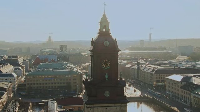 Orbiting drone shot of a church in Gothenburg Sweden early morning