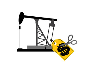 Oil rig Price tag and scissors. Oil price decline. Cutting prices illustration. Discount price reduction