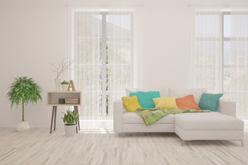 White living room with sofa. Scandinavian interior design. 3D illustration