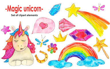 Set of watercolor illustrations. Magic unicorn, with a rainbow, precious stones on a white background.