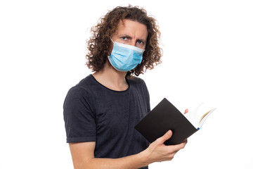 Student in medical mask. Pandemic coronavirus epidemic covid-19 quarantine isolated white book