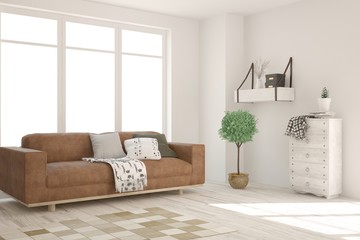 White living room with sofa. Scandinavian interior design. 3D illustration