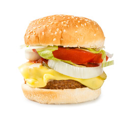 Hamburguesa sobre fondo blanco
