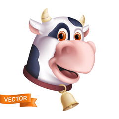 Funny smiling cow character. Cartoon mascot head. Vector illustration of a horned domestic animal with a golden bell isolated on a white background. Great for a graphic design to the world milk day