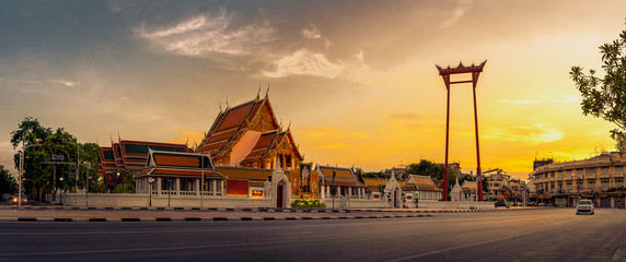 panorama public places, The beauty of Wat Suthat and Sao Ching Cha (Giant Swing) during sunset.